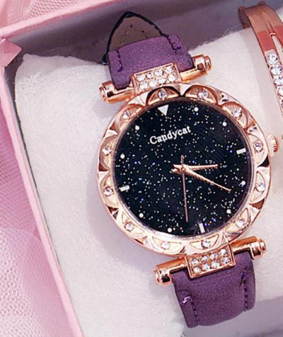 Πολυτελές γυναικείο ρολόι Starry Sky Dial Δερμάτινο ρολόι Quartz Σετ βραχιόλι ρολόγια χειρός