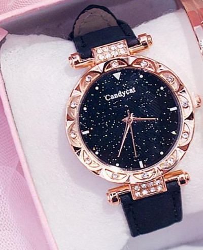 Πολυτελές γυναικείο ρολόι Starry Sky Dial Δερμάτινο ρολόι Quartz Σετ βραχιόλι ρολόγια χειρός