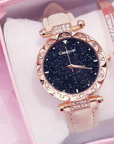 Πολυτελές γυναικείο ρολόι Starry Sky Dial Δερμάτινο ρολόι Quartz Σετ βραχιόλι ρολόγια χειρός