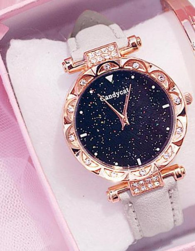 Πολυτελές γυναικείο ρολόι Starry Sky Dial Δερμάτινο ρολόι Quartz Σετ βραχιόλι ρολόγια χειρός