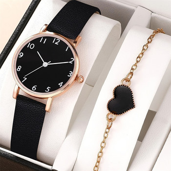Σετ 2 τμχ Νέο ρολόι Γυναικεία μόδα Casual δερμάτινα ρολόγια ζώνης Απλά γυναικεία ρολόγια χειρός με στρογγυλό καντράν Ρολόι φόρεμα χαλαζία