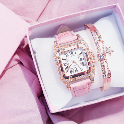 Ceas cu diamante pentru femei, cu cadran pătrat înstelat, set de ceasuri cu brățară, cu bandă din piele, ceas de mână cu quartz, ceas pentru femei, Zegarek Damski