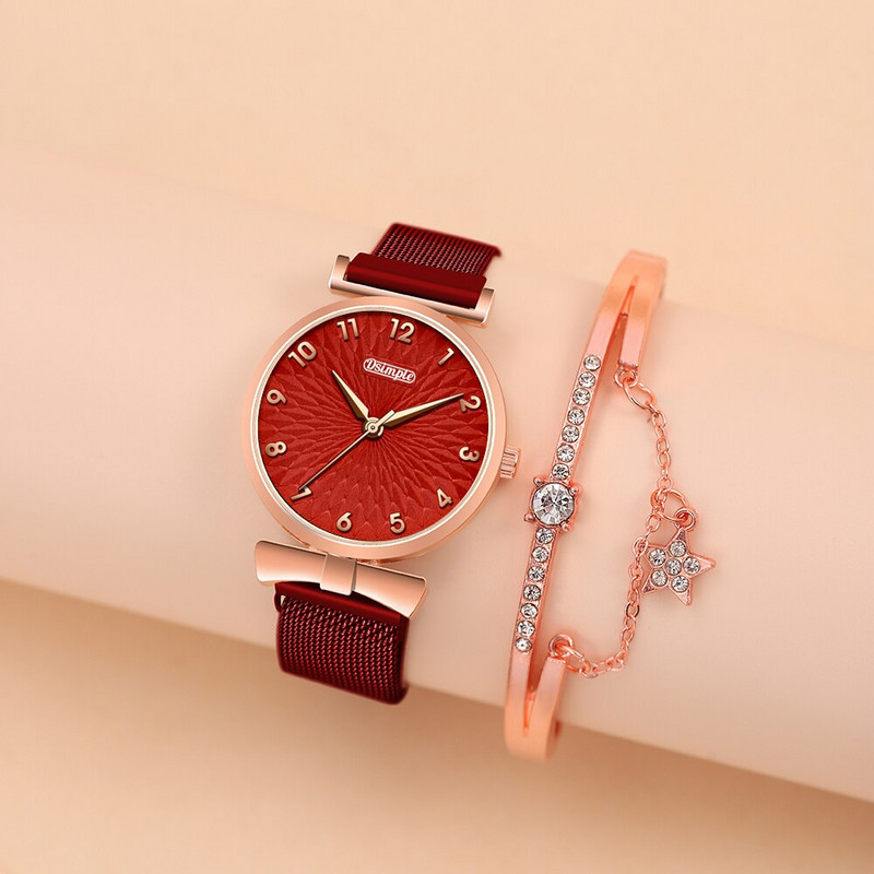 2 DB szett luxus női karkötő kvarc órák női mágneses óra női ruha piros számlapos karóra óra Reloj Hombre