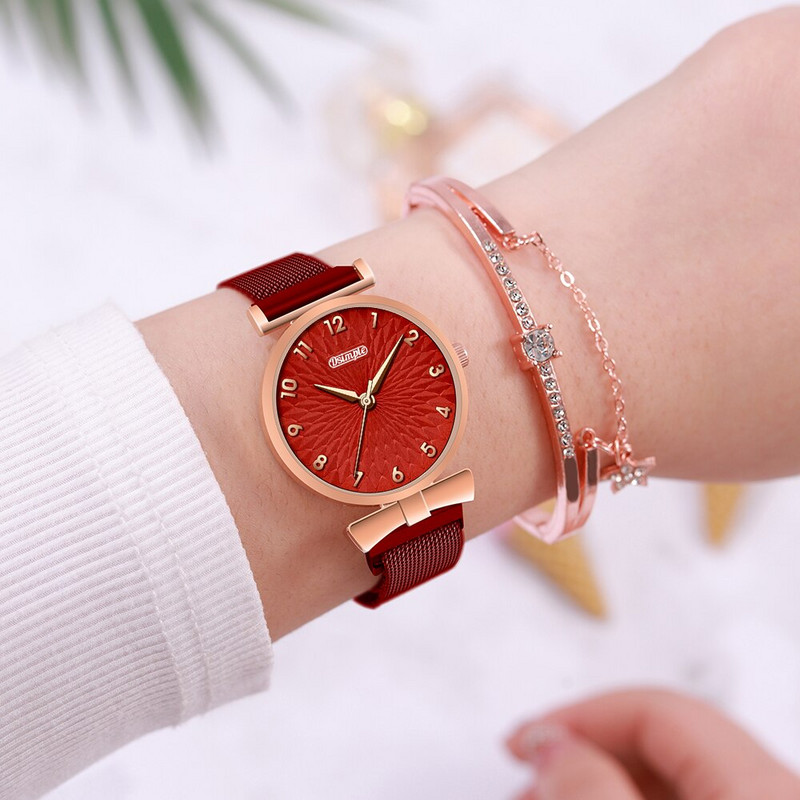 2 DB szett luxus női karkötő kvarc órák női mágneses óra női ruha piros számlapos karóra óra Reloj Hombre