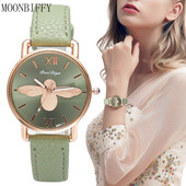 Egyszerű kis méhecske dizájn női órák Vintage zöld bőr női luxus karórák divat alkalmi női kvarc óra