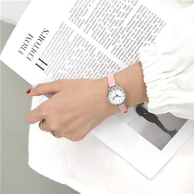 Egyszerű Retr Női Barna Fehér Kis karórák Sokoldalú vékony szíjas bőrszíj Női kvarc óra karóra óra Reloj Mujer