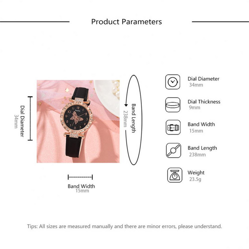Sieviešu modes pulksteņu komplekts Kvarca rokas pulkstenis Luksusa kristāla Rhinestone Pērļu kvarca pulksteņi Tauriņu pulksteņu rokassprādzes komplekts bez kastes