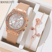 2GB komplekts Sieviešu pulkstenis Luksuss Rhinestone Fashion Elegants sakausējuma rokas pulkstenis sievietēm Dāvanu kvarca pulkstenis Rozā zelta rokassprādze NEKAS