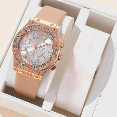 2GB komplekts Sieviešu pulkstenis Luksuss Rhinestone Fashion Elegants sakausējuma rokas pulkstenis sievietēm Dāvanu kvarca pulkstenis Rozā zelta rokassprādze NEKAS