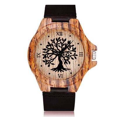 Ceas din lemn de copac natural, cuarț, ceas de mână din piele naturală pentru femei, design cu arbore de viață, cadouri de modă pentru femei