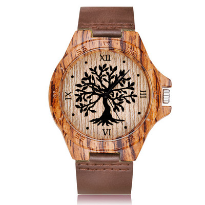 Ceas din lemn de copac natural, cuarț, ceas de mână din piele naturală pentru femei, design cu arbore de viață, cadouri de modă pentru femei