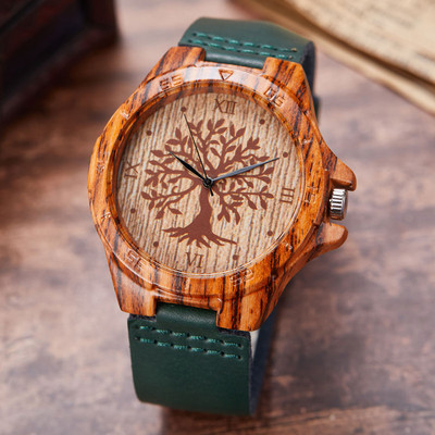 Ceas din lemn de copac natural, cuarț, ceas de mână din piele naturală pentru femei, design cu arbore de viață, cadouri de modă pentru femei