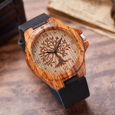 Ceas din lemn de copac natural, cuarț, ceas de mână din piele naturală pentru femei, design cu arbore de viață, cadouri de modă pentru femei