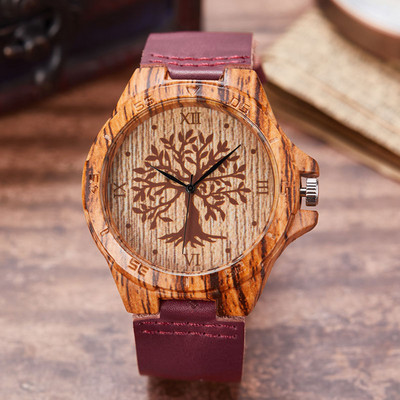 Ceas din lemn de copac natural, cuarț, ceas de mână din piele naturală pentru femei, design cu arbore de viață, cadouri de modă pentru femei