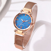 Reloj Mujer luksusa modes sieviešu rokas pulkstenis ar purpursarkanu ciparnīcu kvarca rokas pulkstenis, vienkāršs rozā zelta sieta jostas magnētiskais sieviešu pulkstenis Relogio Feminino