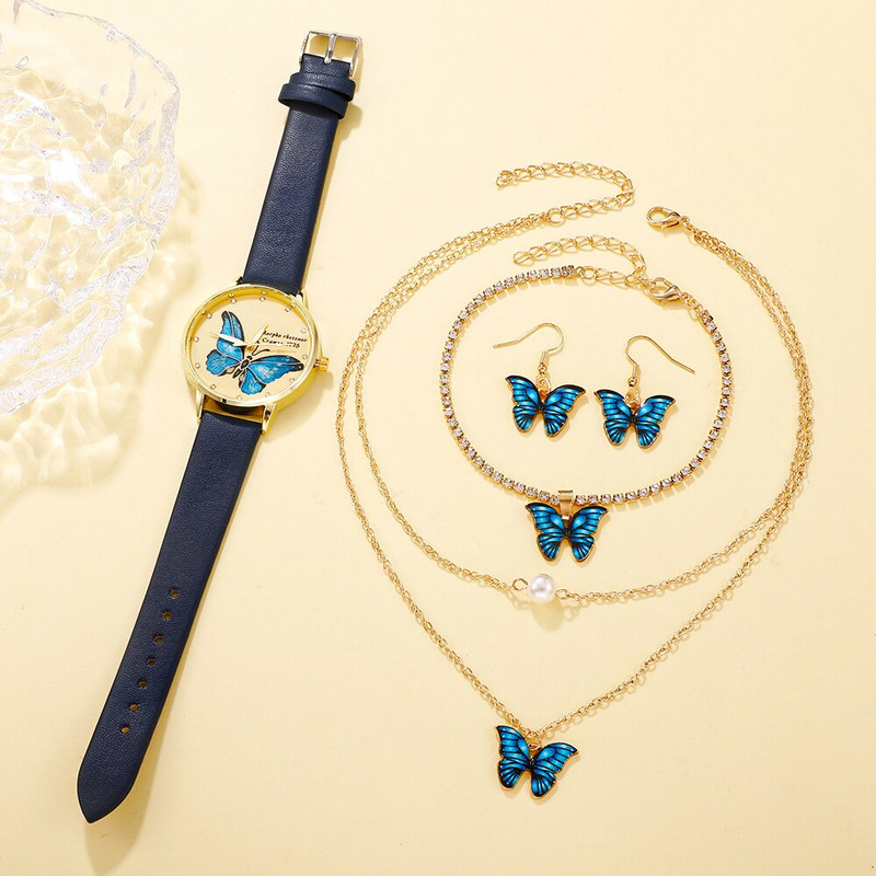 5gab komplekts Sieviešu modes kvarca pulkstenis Sieviešu pulkstenis ar tauriņu ciparnīca Luksusa zīmola dizains sieviešu pulksteņi Vienkāršs sieviešu rokas pulkstenis