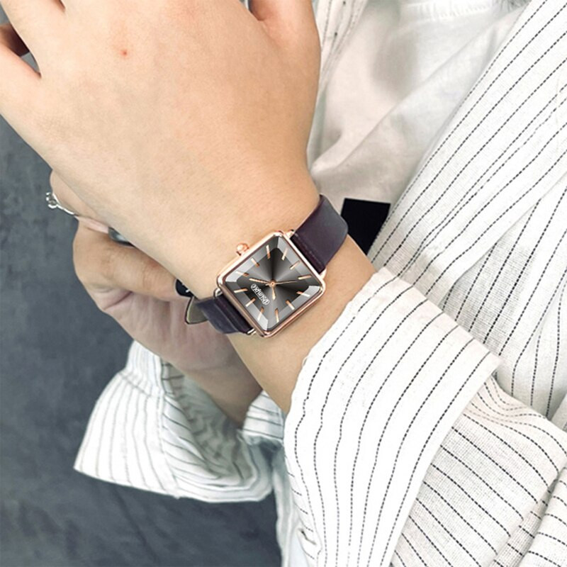 2023, ceasuri de modă pentru femei, de lux, pătrate, pentru femei, ceas simplu cu quartz din aur roz, ocazional, din piele neagră, ceas de mână Reloj Mujer