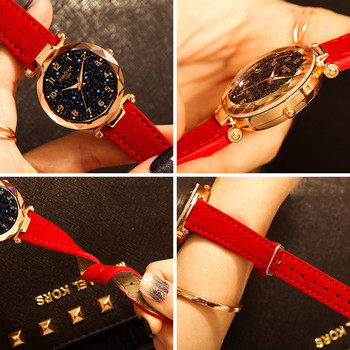 Луксозен часовник Starry Sky за жени, моден дамски кварцов ръчен часовник, червен кожен водоустойчив часовник relogio feminino zegarek damski