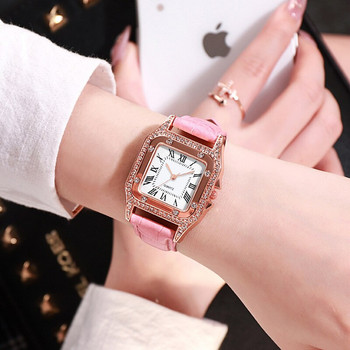 Μόδα γυναικεία ρολόγια 2023 για γυναίκες Τετράγωνο ρολόι καρπού με αστέρι στρας από χαλαζία Γυναικείο casual ροζ δερμάτινο ρολόι Reloj Mujer