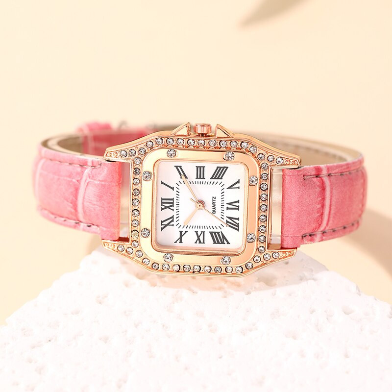 2023-as divatos női órák négyszögletes strasszos kvarc kvarc karóra női alkalmi rózsaszín bőr karóra Reloj Mujer