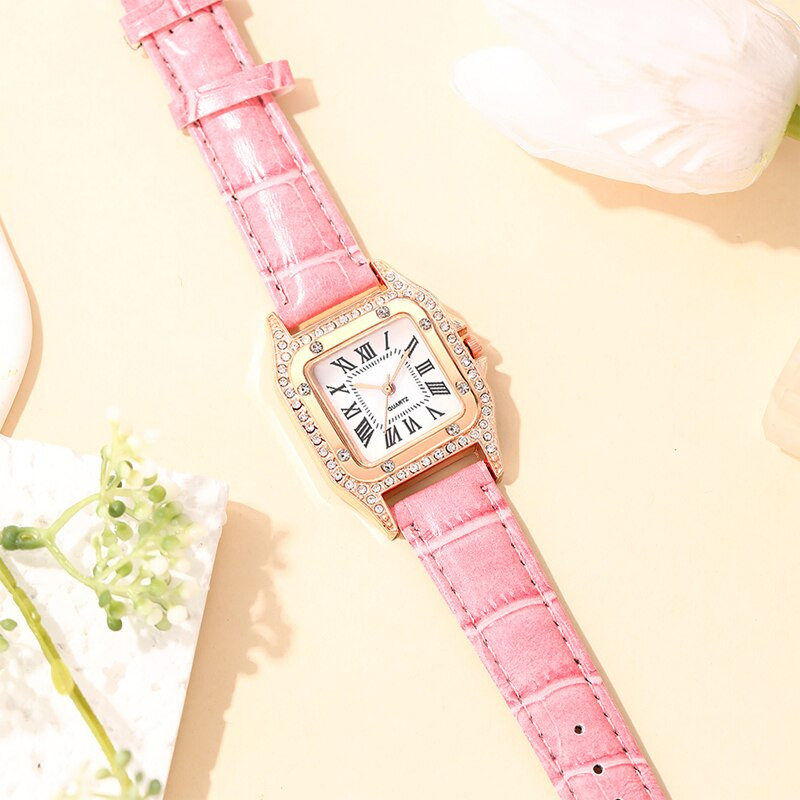 2023-as divatos női órák négyszögletes strasszos kvarc kvarc karóra női alkalmi rózsaszín bőr karóra Reloj Mujer