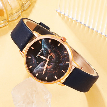 Σετ 5 τμχ Γυναικείο ρολόι μόδας πεταλούδα χαλαζία Επώνυμο σχέδιο Γυναικείο ρολόι Δερμάτινο λουράκι Γυναικείο casual ρολόι καρπού Reloj Mujer