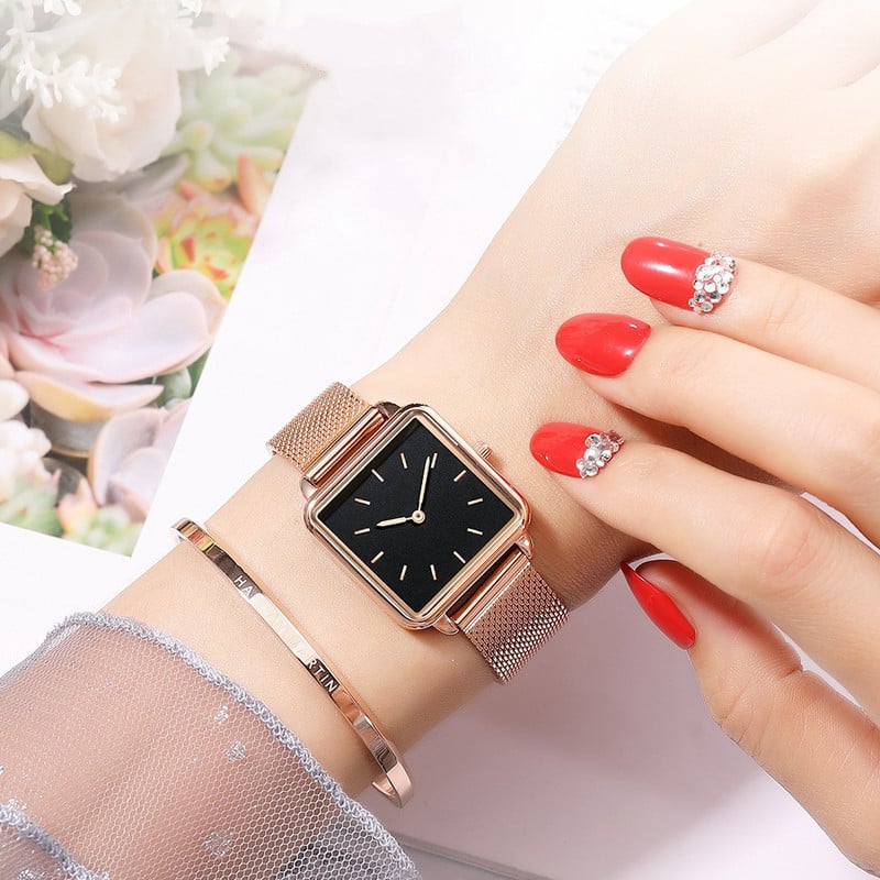 Reloj Mujer luxus női karórák Rose Gold Egyszerű mágneses hálós övszíj karóra Női Fashion Square karóra Zegarek Damski