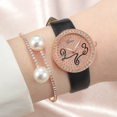 2 tk Moekas naiste ümmargune kvartskell musta nahast kividest pärlitest käevõru komplektid kella käevõru