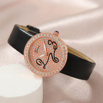 2τμχ Μοντέρνο γυναικείο στρογγυλό ρολόι χαλαζία με μαύρο δερμάτινο σετ βραχιόλι με μαργαριτάρι στρας Βραχιόλι ρολογιού