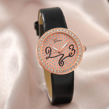 2τμχ Μοντέρνο γυναικείο στρογγυλό ρολόι χαλαζία με μαύρο δερμάτινο σετ βραχιόλι με μαργαριτάρι στρας Βραχιόλι ρολογιού