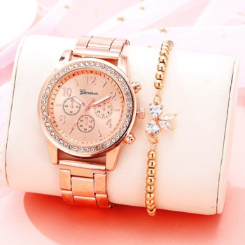 2бр. Луксозен часовник с диаманти и кристали Дамски елегантен дамски кварцов часовник Розово злато Каишка от неръждаема стомана Дамски ръчен часовник Relógio