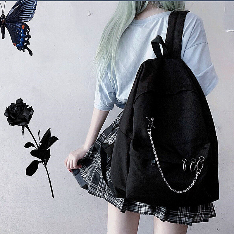 Y Demo Harajuku Punk Canvas Femei Rucsac Preppy Style Hollow Out Cercuri Lanțuri Geanta Neagră Techwear Tide