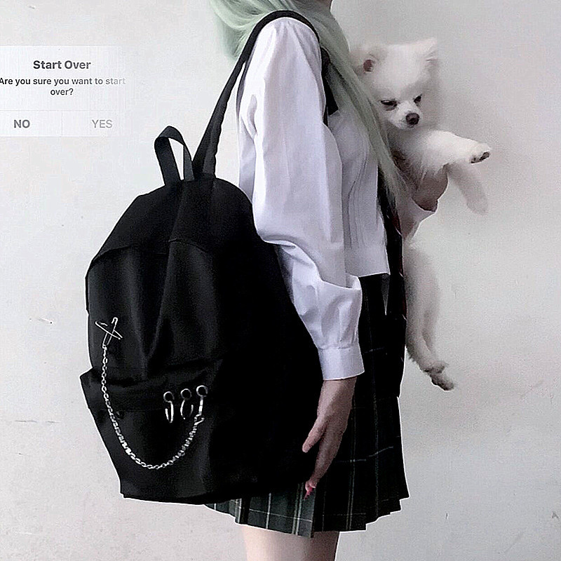 Y Demo Harajuku Punk Canvas Femei Rucsac Preppy Style Hollow Out Cercuri Lanțuri Geanta Neagră Techwear Tide