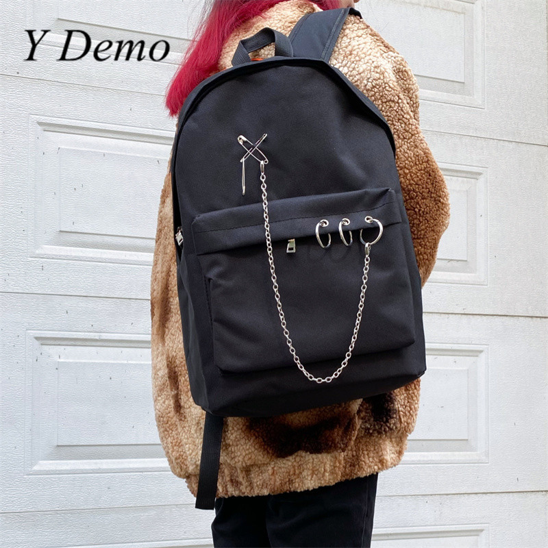 Y Demo Harajuku Punk Canvas Femei Rucsac Preppy Style Hollow Out Cercuri Lanțuri Geanta Neagră Techwear Tide