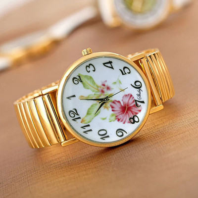 shsby új Rugalmas rozsdamentes karórák női ruha karórák Arany óraszíj alkalmi karórák Élénk színű virág lány karórák