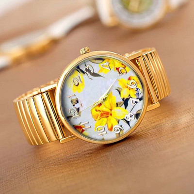shsby új Rugalmas rozsdamentes karórák női ruha karórák Arany óraszíj alkalmi karórák Élénk színű virág lány karórák