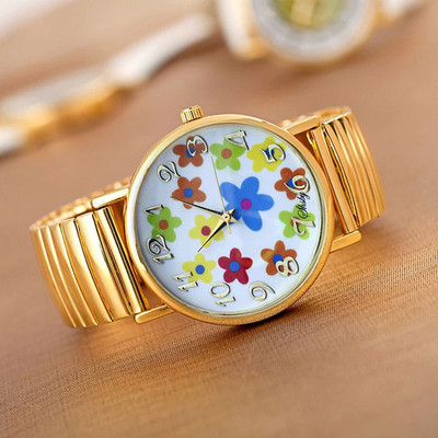 shsby új Rugalmas rozsdamentes karórák női ruha karórák Arany óraszíj alkalmi karórák Élénk színű virág lány karórák