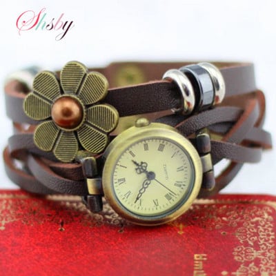 Shsby New Women Ceasuri Vintage Curea Piele Bratara Perla Soare Floare Ceas Femei Rochie Ceas Maro Femei