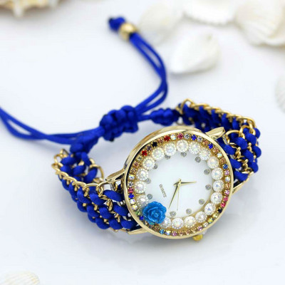 shsby νέο Γυναικείο λουλούδι πλεκτό ρολόι χειρός τριαντάφυλλο γυναικείο ρολόι Χρώμα αστραφτερό ρολόι υφασμάτινο στρας γλυκό ρολόι για κορίτσι