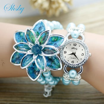 shsby fashion Γυναικεία ρολόγια Rhinestone Γυναικείο λουράκι με πέρλες Πολλά πέταλα βραχιόλι λουλουδιών χαλαζία ρολόγια χειρός γυναικείο φόρεμα ρολόγια