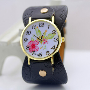 shsby Új érkezés Nyomtatott bőr karkötő karóra Széles sávos ruhaóra virágokkal Divat Női alkalmi óra ajándék lányoknak