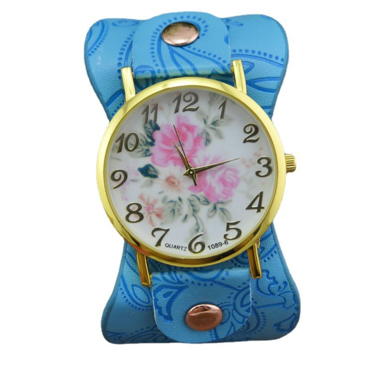 shsby Új érkezés Nyomtatott bőr karkötő karóra Széles sávos ruhaóra virágokkal Divat Női alkalmi óra ajándék lányoknak