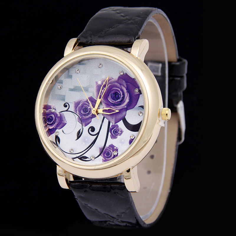 Shsby márka lila virágok Bőr szíjas karórák Divat Női strassz kvarc óra Női ruha Órák lány ajándék