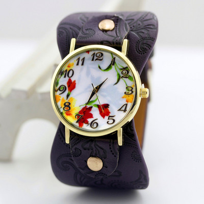 shsby naujas Spausdinta odinė apyrankė rankinis laikrodis plačiajuostė suknelė Laikrodis su gražiomis gėlėmis Madingas moteriškas laisvalaikis Laikrodis mergaitės dovana