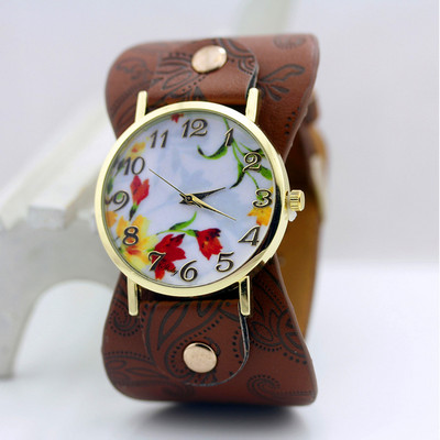 shsby naujas Spausdinta odinė apyrankė rankinis laikrodis plačiajuostė suknelė Laikrodis su gražiomis gėlėmis Madingas moteriškas laisvalaikis Laikrodis mergaitės dovana