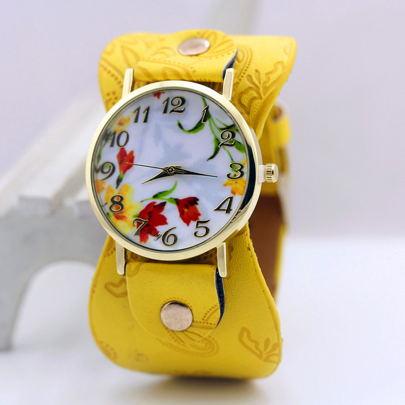 shsby naujas Spausdinta odinė apyrankė rankinis laikrodis plačiajuostė suknelė Laikrodis su gražiomis gėlėmis Madingas moteriškas laisvalaikis Laikrodis mergaitės dovana