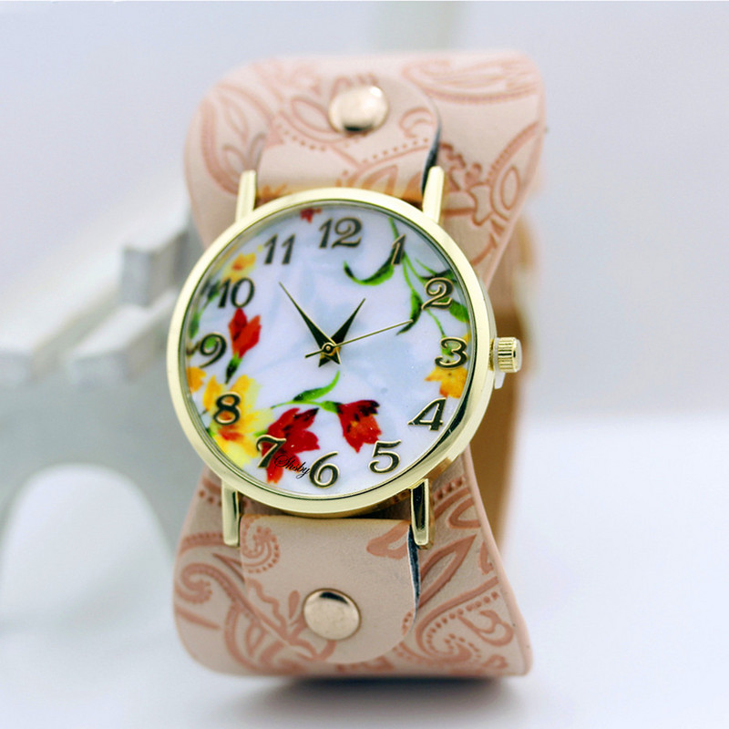 shsby naujas Spausdinta odinė apyrankė rankinis laikrodis plačiajuostė suknelė Laikrodis su gražiomis gėlėmis Madingas moteriškas laisvalaikis Laikrodis mergaitės dovana