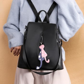 Найлонова раница против кражба Едноцветна голяма дневна раница за дамска чанта с висулка котка Дамски прости чанти за пътуване през рамо Опаковка