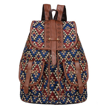 Нов стил раница ретро шарка платнена женска чанта модна туристическа раница с шнур многофункционална ученическа чанта