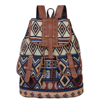 Нов стил раница ретро шарка платнена женска чанта модна туристическа раница с шнур многофункционална ученическа чанта